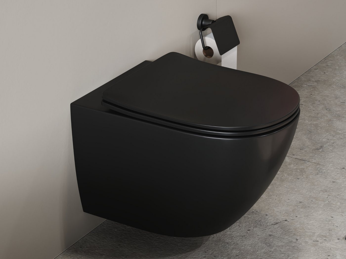 Aqua Bagno Tiefspül-WC Spülrandloses Hänge-WC schwarz matt 53cm Toilette ohne Rand, Wandmontage, Abgang waagerecht, WC-Set, Toilette ohne Rand Bild 2