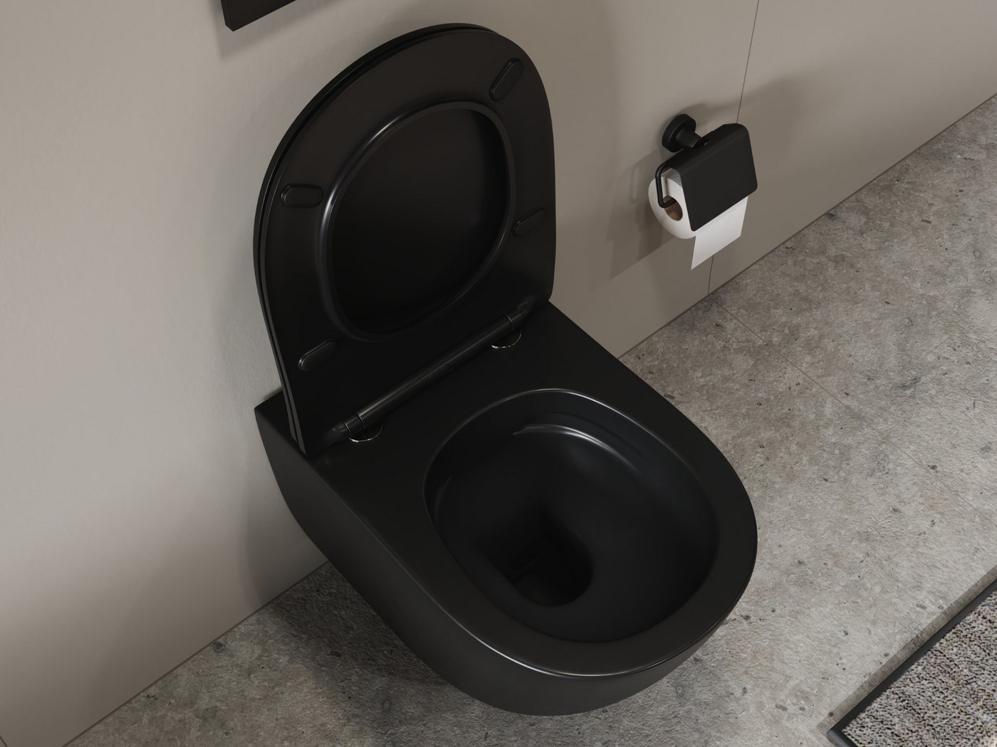 Aqua Bagno Tiefspül-WC Spülrandloses Hänge-WC schwarz matt 53cm Toilette ohne Rand, Wandmontage, Abgang waagerecht, WC-Set, Toilette ohne Rand Bild 4