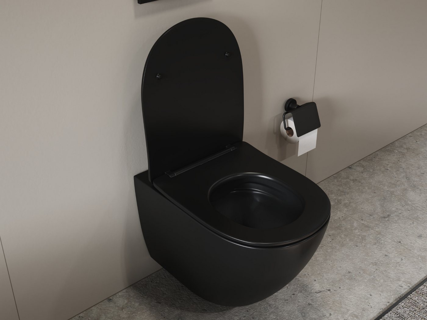 Aqua Bagno Tiefspül-WC Spülrandloses Hänge-WC schwarz matt 53cm Toilette ohne Rand, Wandmontage, Abgang waagerecht, WC-Set, Toilette ohne Rand Bild 5