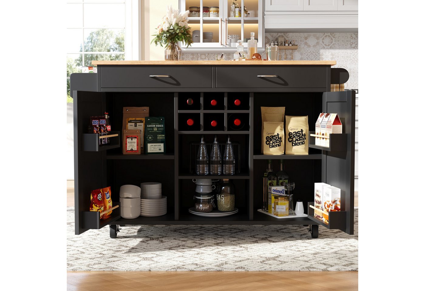 HAUSS SPOLE Kücheninsel Küchenschrank, buffetschrank, Speisewagen mit Speicherraum, Schwarz, (Moderne Kücheninsel mit Holzmaserung – Multifunktionaler Servierwagen und Buffetschrank, flexibler Stauraum mit verstellbarem Weinregal, 360° Lenkrollen)
