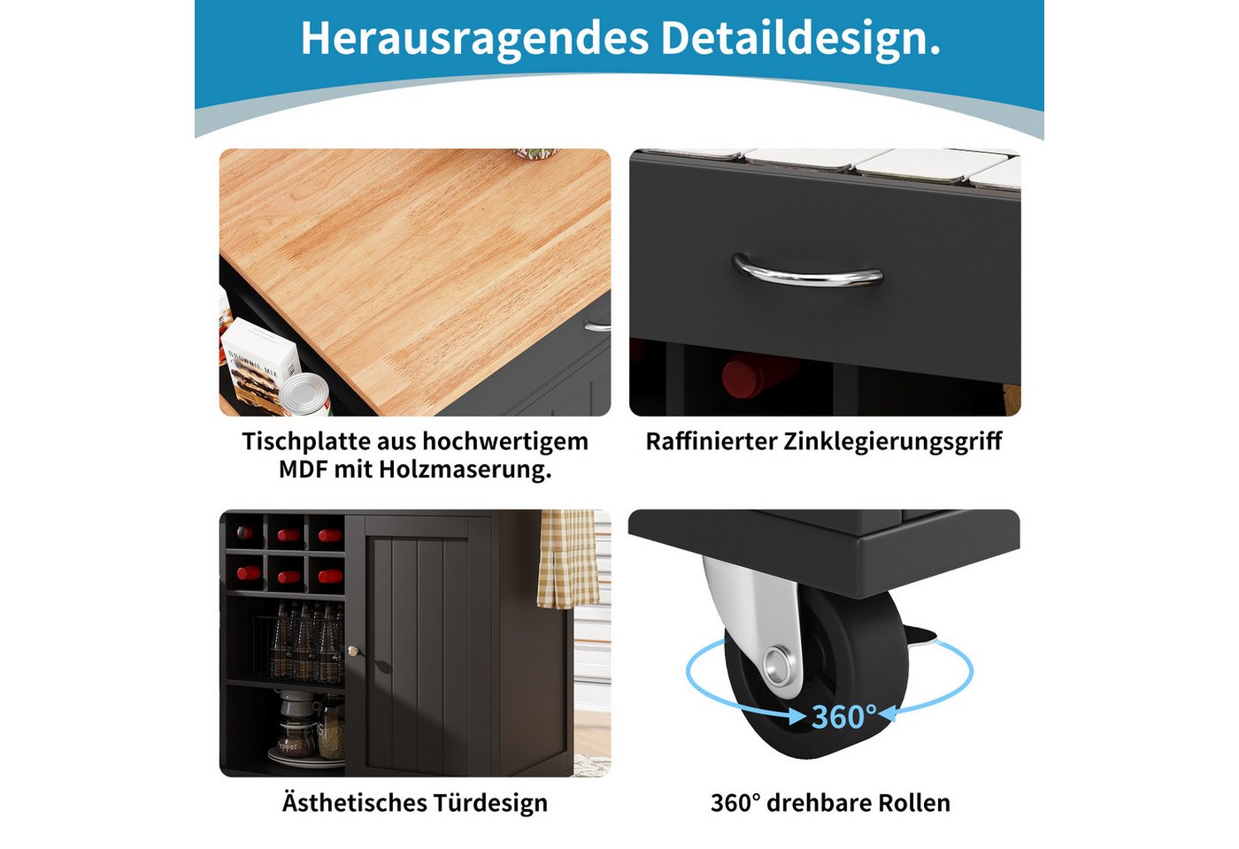 HAUSS SPOLE Kücheninsel Küchenschrank, buffetschrank, Speisewagen mit Speicherraum, Schwarz, (Moderne Kücheninsel mit Holzmaserung – Multifunktionaler Servierwagen und Buffetschrank, flexibler Stauraum mit verstellbarem Weinregal, 360° Lenkrollen) Bild 2