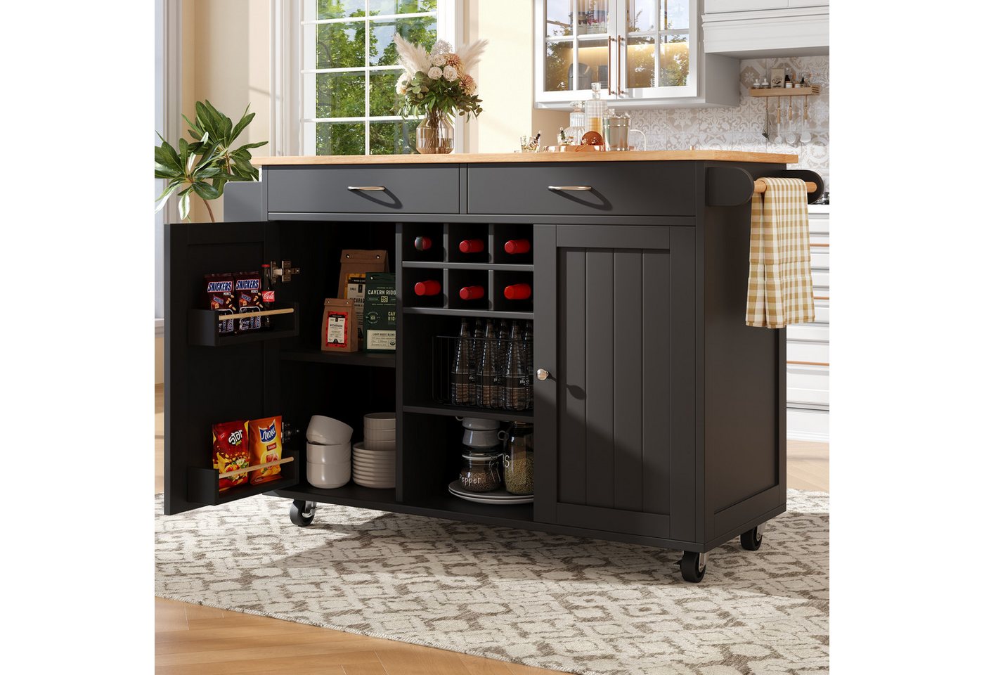 HAUSS SPOLE Kücheninsel Küchenschrank, buffetschrank, Speisewagen mit Speicherraum, Schwarz, (Moderne Kücheninsel mit Holzmaserung – Multifunktionaler Servierwagen und Buffetschrank, flexibler Stauraum mit verstellbarem Weinregal, 360° Lenkrollen) Bild 3
