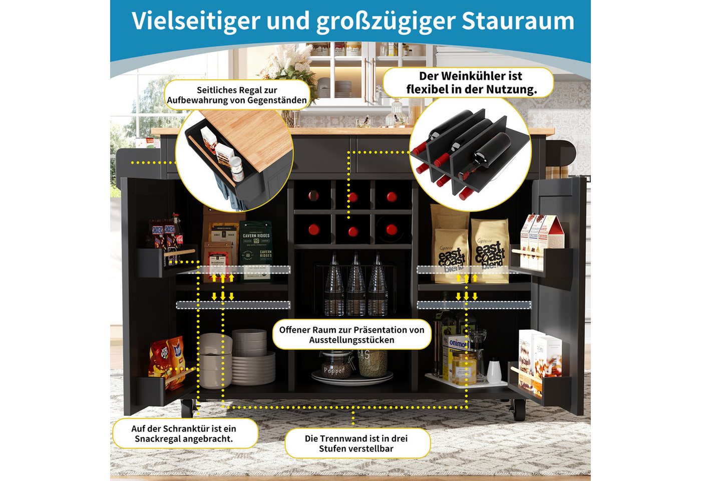 HAUSS SPOLE Kücheninsel Küchenschrank, buffetschrank, Speisewagen mit Speicherraum, Schwarz, (Moderne Kücheninsel mit Holzmaserung – Multifunktionaler Servierwagen und Buffetschrank, flexibler Stauraum mit verstellbarem Weinregal, 360° Lenkrollen) Bild 4