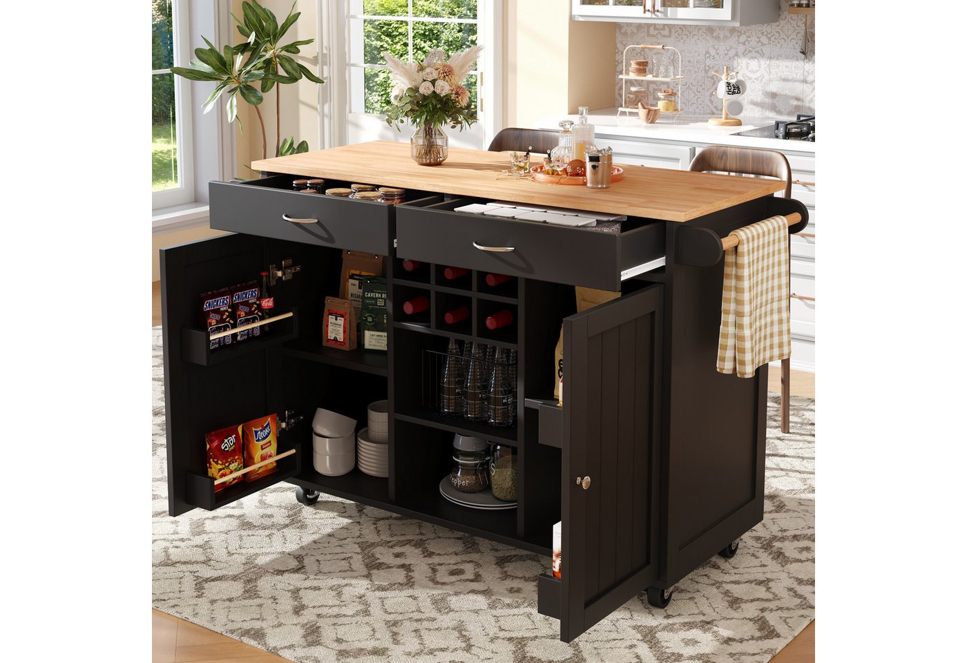HAUSS SPOLE Kücheninsel Küchenschrank, buffetschrank, Speisewagen mit Speicherraum, Schwarz, (Moderne Kücheninsel mit Holzmaserung – Multifunktionaler Servierwagen und Buffetschrank, flexibler Stauraum mit verstellbarem Weinregal, 360° Lenkrollen) Bild 5