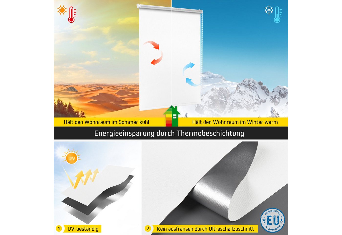 Verdunklungsrollo Thermorollo, 37,5 x 120 cm, weiß [Stoffbreite 34,1 cm], jalousiescout, verdunkelnd, ohne Bohren, freihängend, Klemmfix, Thermo-Rollo Vollverdunkelnd Thermo-Beschichtung, energiesparend Bild 2