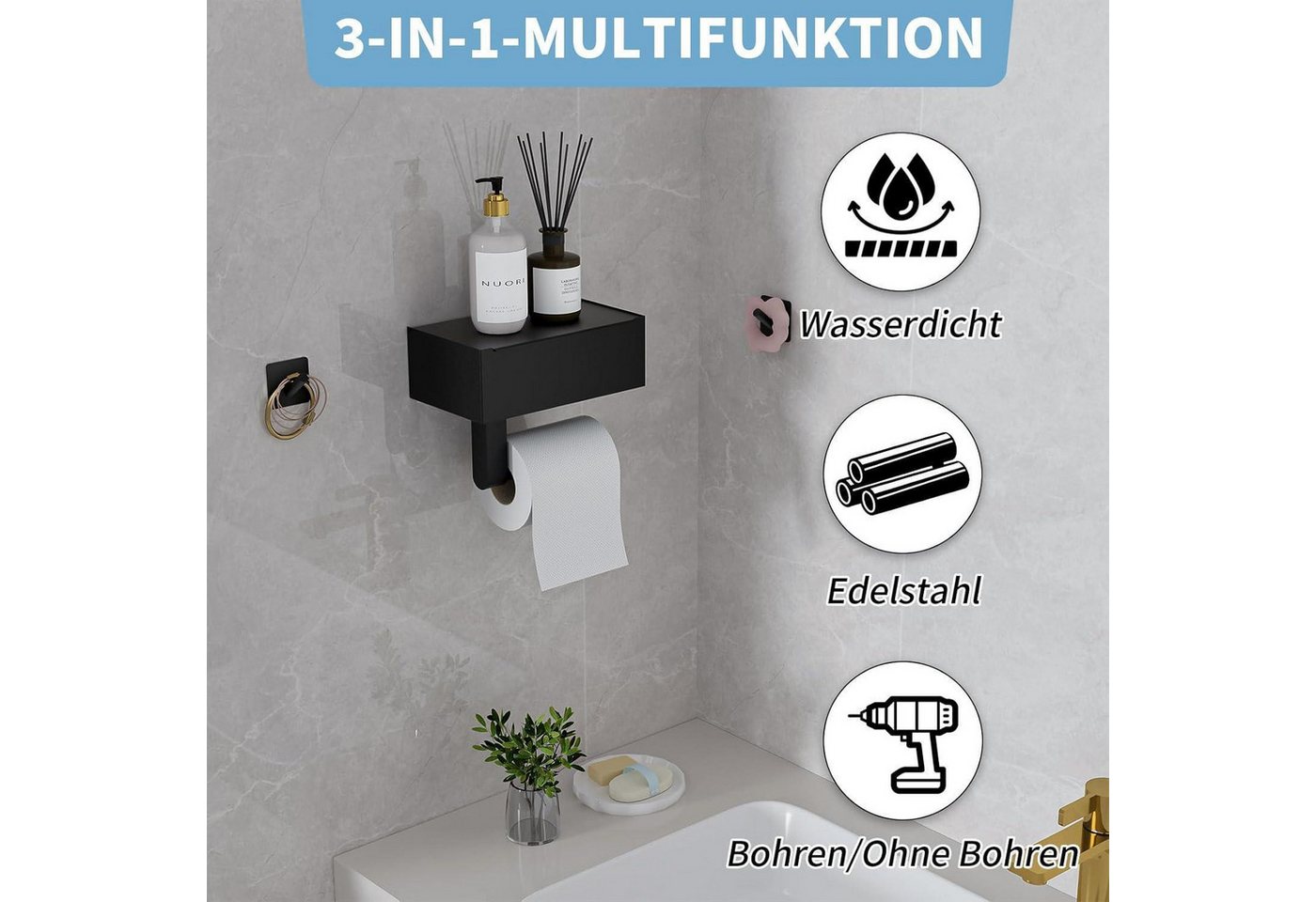 Heatigo Toilettenpapierhalter Toilettenpapierhalter Schwarz Feuchttücherbox Ablage Badezimmer