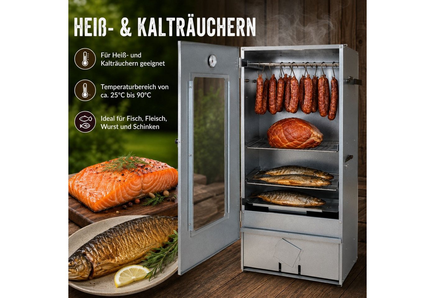 BURI Holzkohlegrill Räucherofen Räucherschrank mit Zubehör Kalt- & Heißräuchern