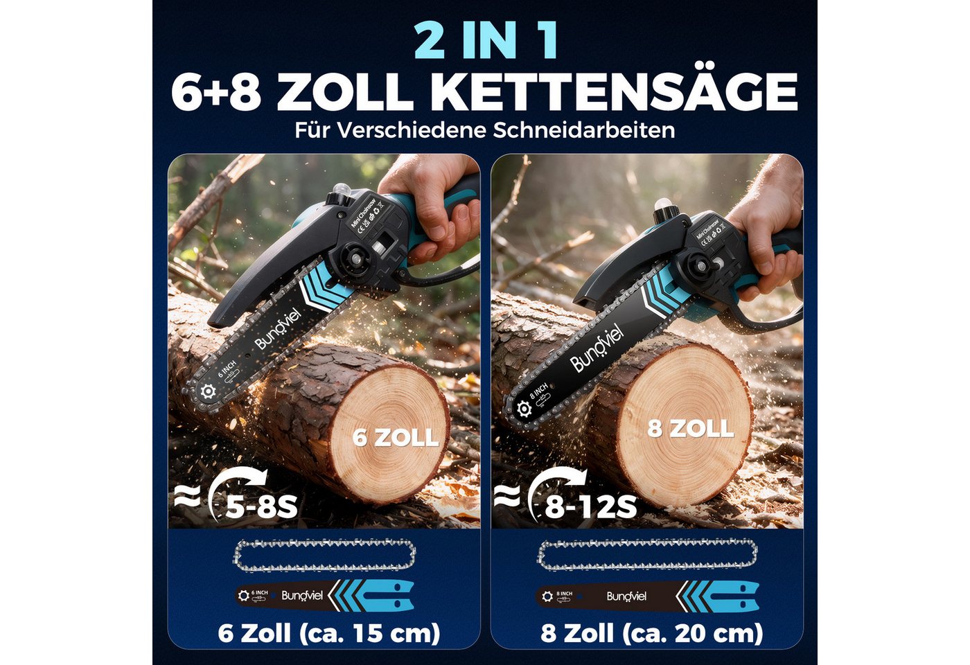 Bundviel Akku-Kettensäge 6+8 Zoll Mini Elektro Kettensäge Bürstenloser Handkettensäge, mit 2x2000mAh Akku für Gartenarbeit, Holzschneidenz