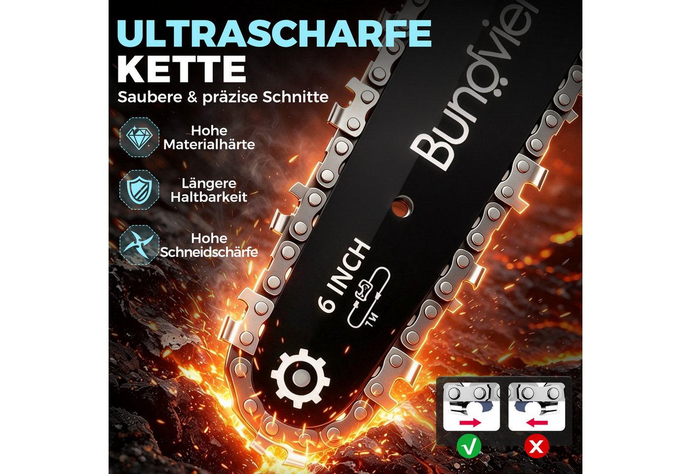 Bundviel Akku-Kettensäge 6+8 Zoll Mini Elektro Kettensäge Bürstenloser Handkettensäge, mit 2x2000mAh Akku für Gartenarbeit, Holzschneidenz Bild 2