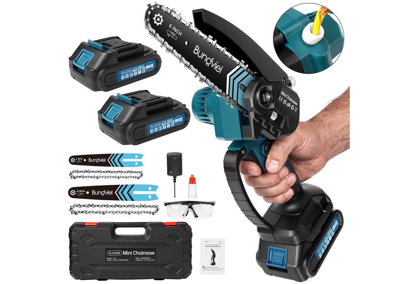 Bundviel Akku-Kettensäge 6+8 Zoll Mini Elektro Kettensäge Bürstenloser Handkettensäge, mit 2x2000mAh Akku für Gartenarbeit, Holzschneidenz Bild 3