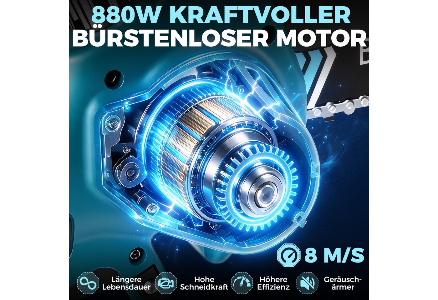 Bundviel Akku-Kettensäge 6+8 Zoll Mini Elektro Kettensäge Bürstenloser Handkettensäge, mit 2x2000mAh Akku für Gartenarbeit, Holzschneidenz Bild 4