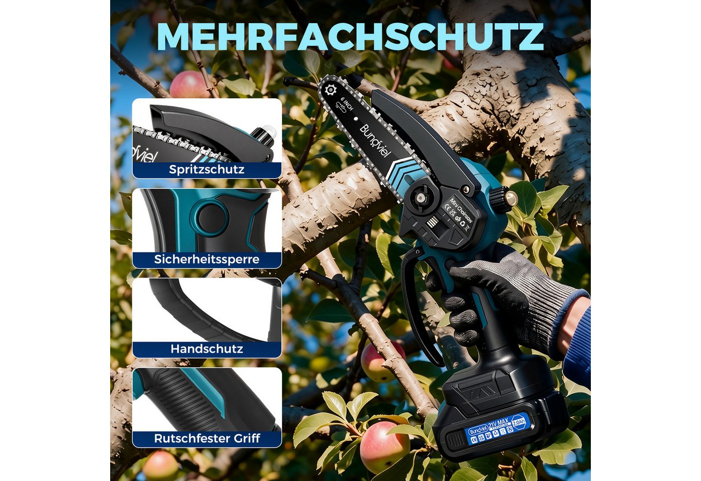 Bundviel Akku-Kettensäge 6+8 Zoll Mini Elektro Kettensäge Bürstenloser Handkettensäge, mit 2x2000mAh Akku für Gartenarbeit, Holzschneidenz Bild 5