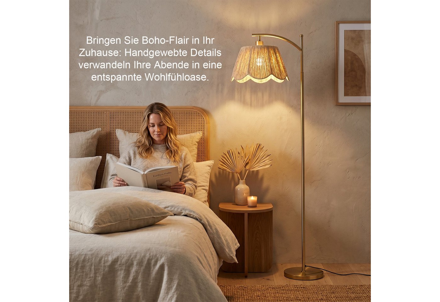 Rosnek Stehlampe Boho Gold, Rattan-Schirm, dimmbare LED, Fernbedienung, 4 Lichtfarben, LED wechselbar, 170 cm Metalllampe, 12 W, für Wohnzimmer, Büro & Leseecke