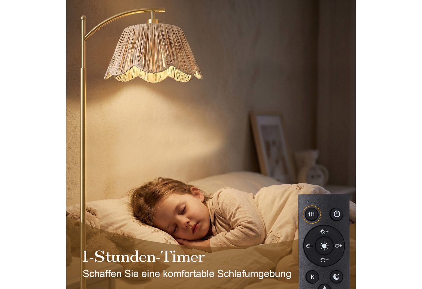 Rosnek Stehlampe Boho Gold, Rattan-Schirm, dimmbare LED, Fernbedienung, 4 Lichtfarben, LED wechselbar, 170 cm Metalllampe, 12 W, für Wohnzimmer, Büro & Leseecke Bild 2