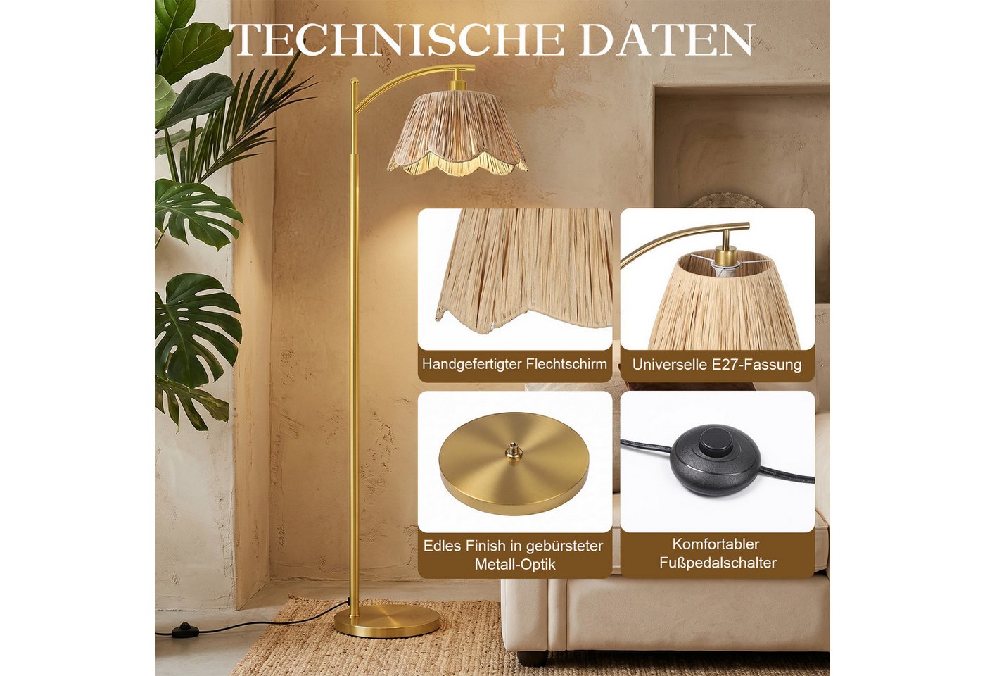 Rosnek Stehlampe Boho Gold, Rattan-Schirm, dimmbare LED, Fernbedienung, 4 Lichtfarben, LED wechselbar, 170 cm Metalllampe, 12 W, für Wohnzimmer, Büro & Leseecke Bild 3