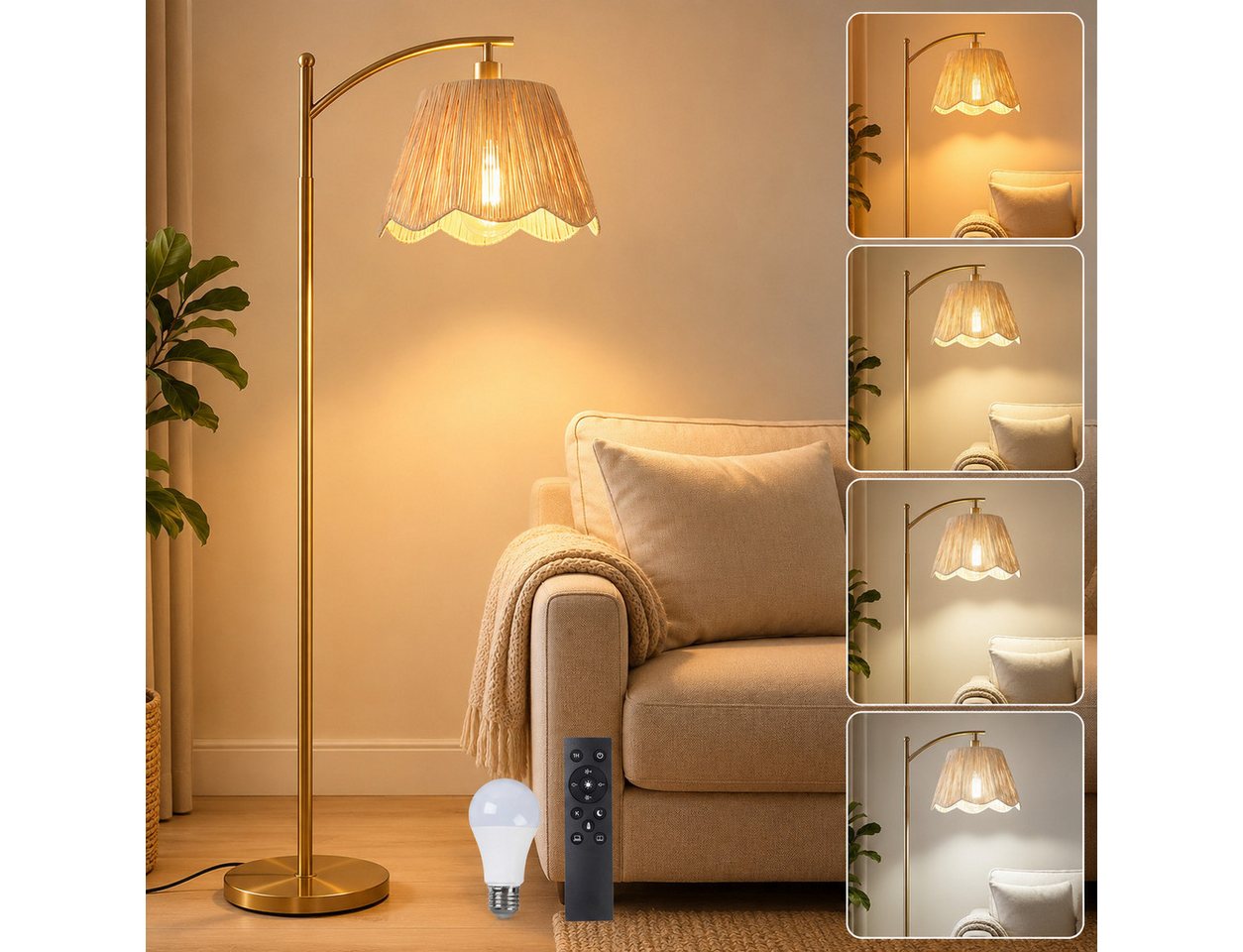 Rosnek Stehlampe Boho Gold, Rattan-Schirm, dimmbare LED, Fernbedienung, 4 Lichtfarben, LED wechselbar, 170 cm Metalllampe, 12 W, für Wohnzimmer, Büro & Leseecke Bild 4