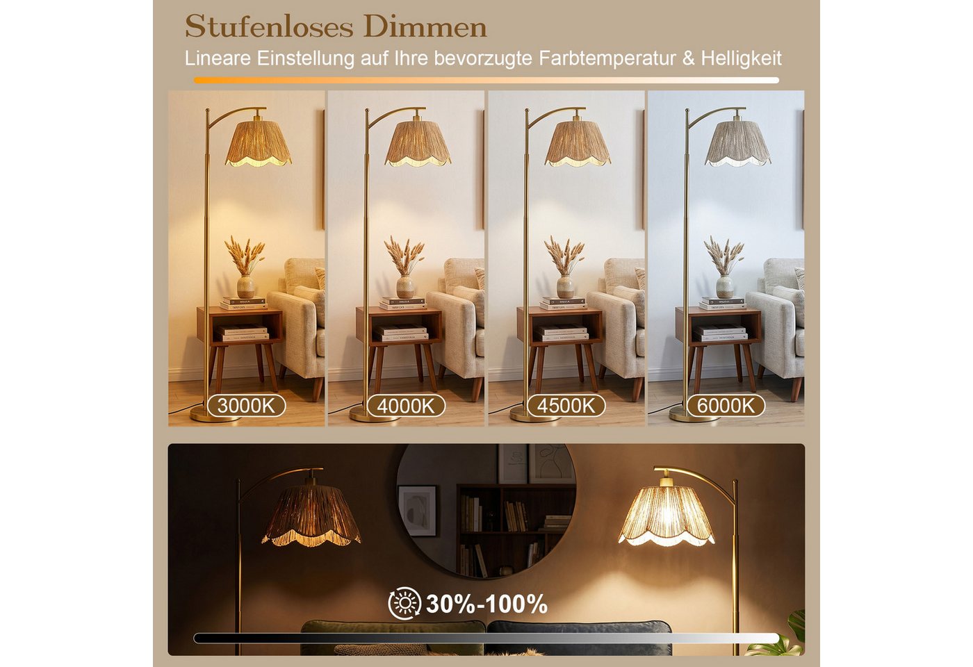 Rosnek Stehlampe Boho Gold, Rattan-Schirm, dimmbare LED, Fernbedienung, 4 Lichtfarben, LED wechselbar, 170 cm Metalllampe, 12 W, für Wohnzimmer, Büro & Leseecke Bild 5