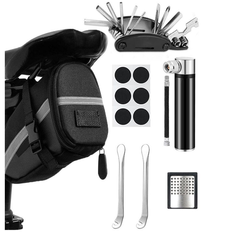 AFKSMILE Fahrrad-Reparaturset Fahrrad Reparaturset mit Satteltasche, 16-in-1 Fahrrad Multitool, 120 PSI Mini-Luftpumpe, Fahrrad Werkzeugset unterwegs