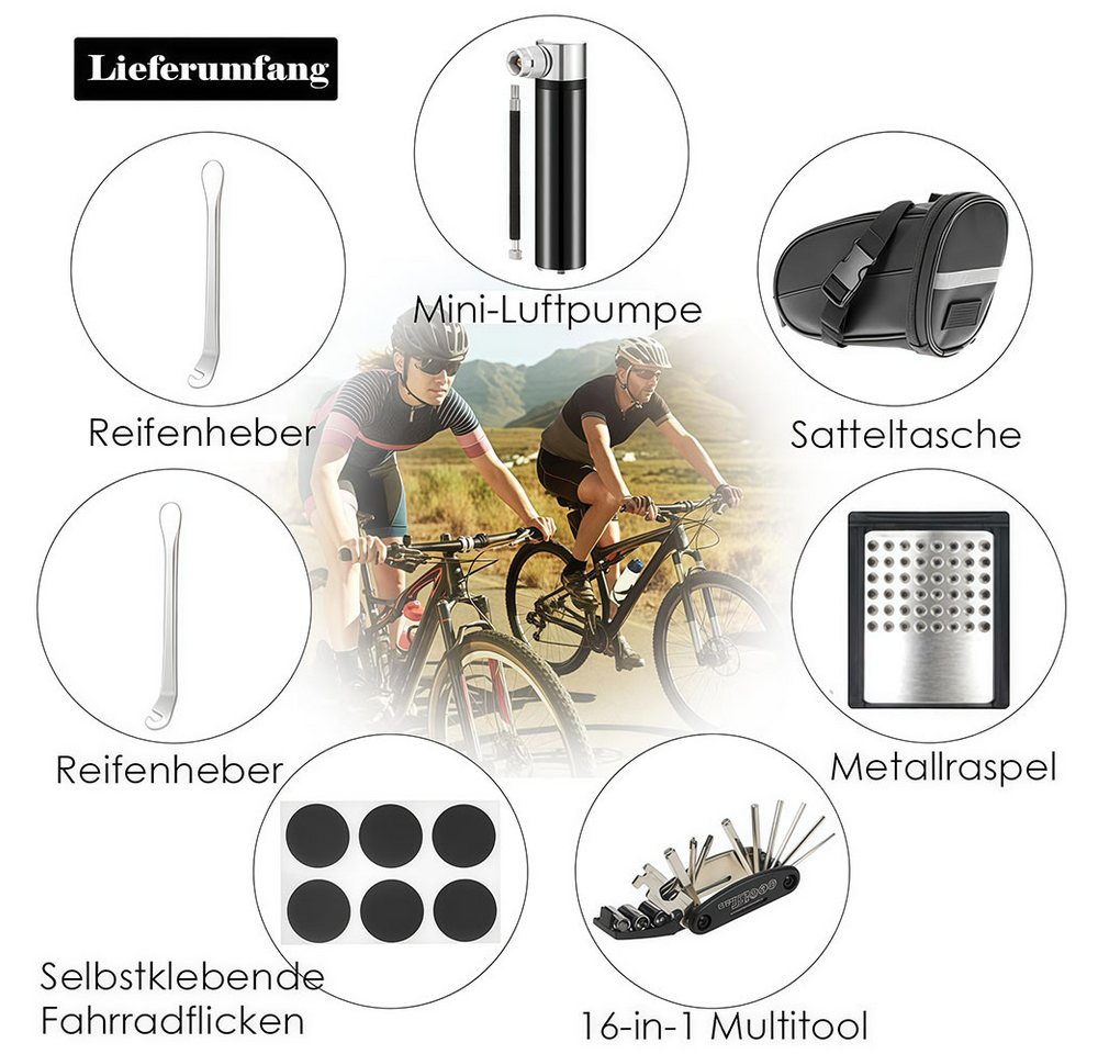 AFKSMILE Fahrrad-Reparaturset Fahrrad Reparaturset mit Satteltasche, 16-in-1 Fahrrad Multitool, 120 PSI Mini-Luftpumpe, Fahrrad Werkzeugset unterwegs Bild 2