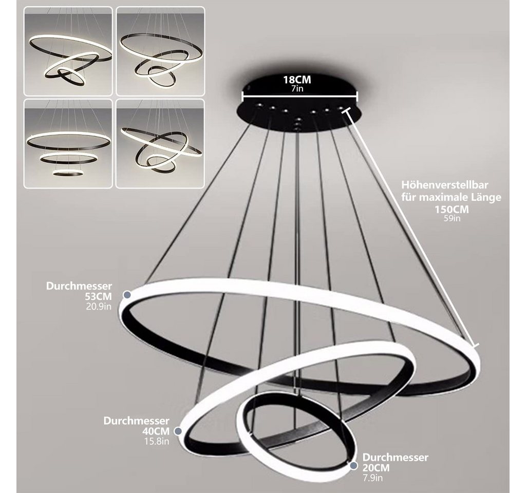 JDONG LED Pendelleuchte 3 Ringen Modern LED Hängelampe Schwarz 53*40*20cm, 54W Esstischlampe Dimmbar mit Fernbedienung, 3000K–6500K Höhenverstellbar 120cm, DIY Kronleuchter, Augenschonend Energiesparend für Esszimmer Wohnzimmer Büro Hotel