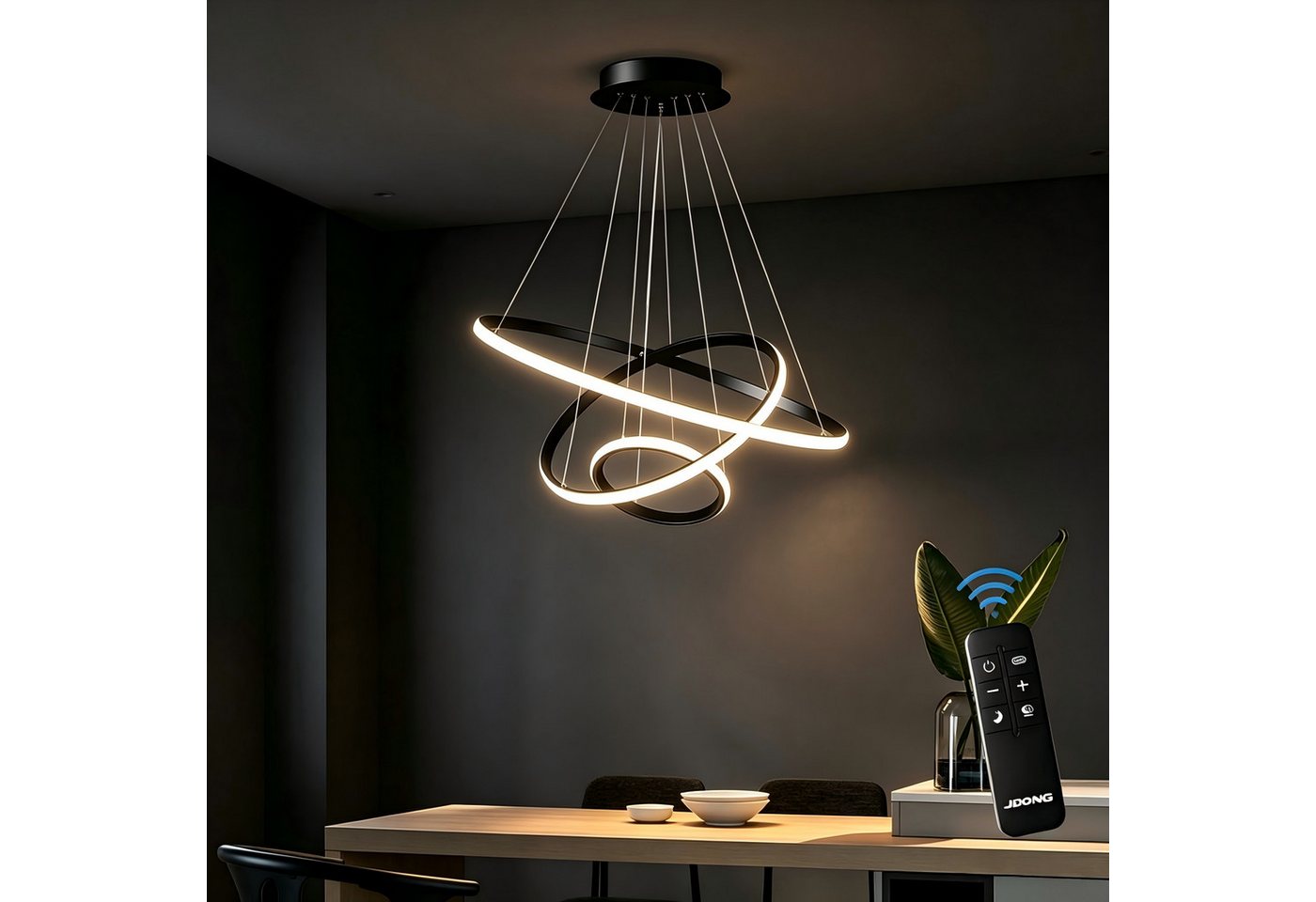JDONG LED Pendelleuchte 3 Ringen Modern LED Hängelampe Schwarz 53*40*20cm, 54W Esstischlampe Dimmbar mit Fernbedienung, 3000K–6500K Höhenverstellbar 120cm, DIY Kronleuchter, Augenschonend Energiesparend für Esszimmer Wohnzimmer Büro Hotel Bild 2