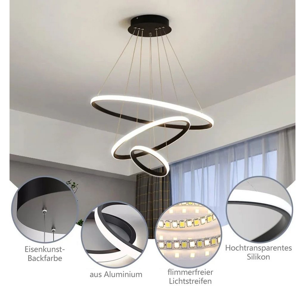 JDONG LED Pendelleuchte 3 Ringen Modern LED Hängelampe Schwarz 53*40*20cm, 54W Esstischlampe Dimmbar mit Fernbedienung, 3000K–6500K Höhenverstellbar 120cm, DIY Kronleuchter, Augenschonend Energiesparend für Esszimmer Wohnzimmer Büro Hotel Bild 3