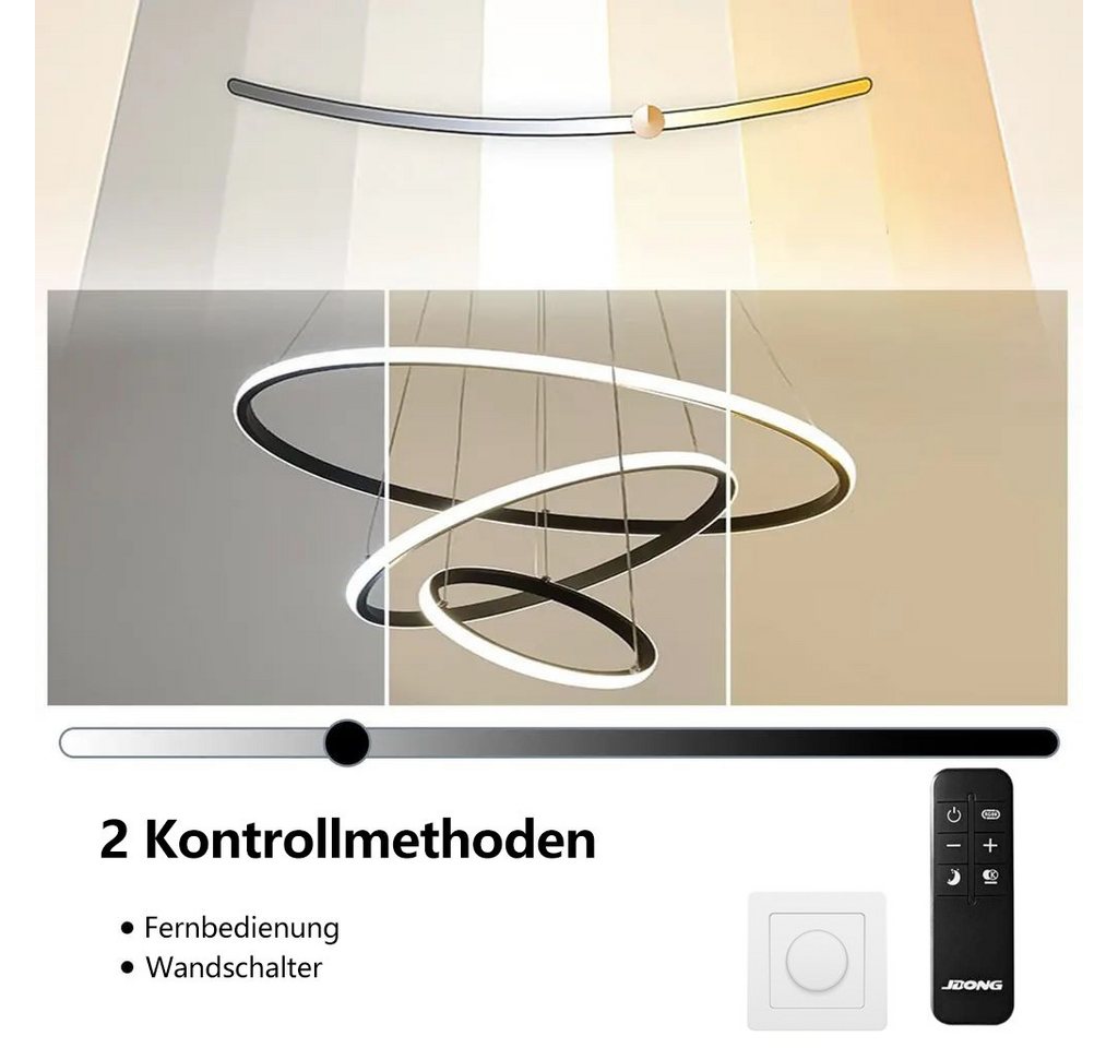 JDONG LED Pendelleuchte 3 Ringen Modern LED Hängelampe Schwarz 53*40*20cm, 54W Esstischlampe Dimmbar mit Fernbedienung, 3000K–6500K Höhenverstellbar 120cm, DIY Kronleuchter, Augenschonend Energiesparend für Esszimmer Wohnzimmer Büro Hotel Bild 4