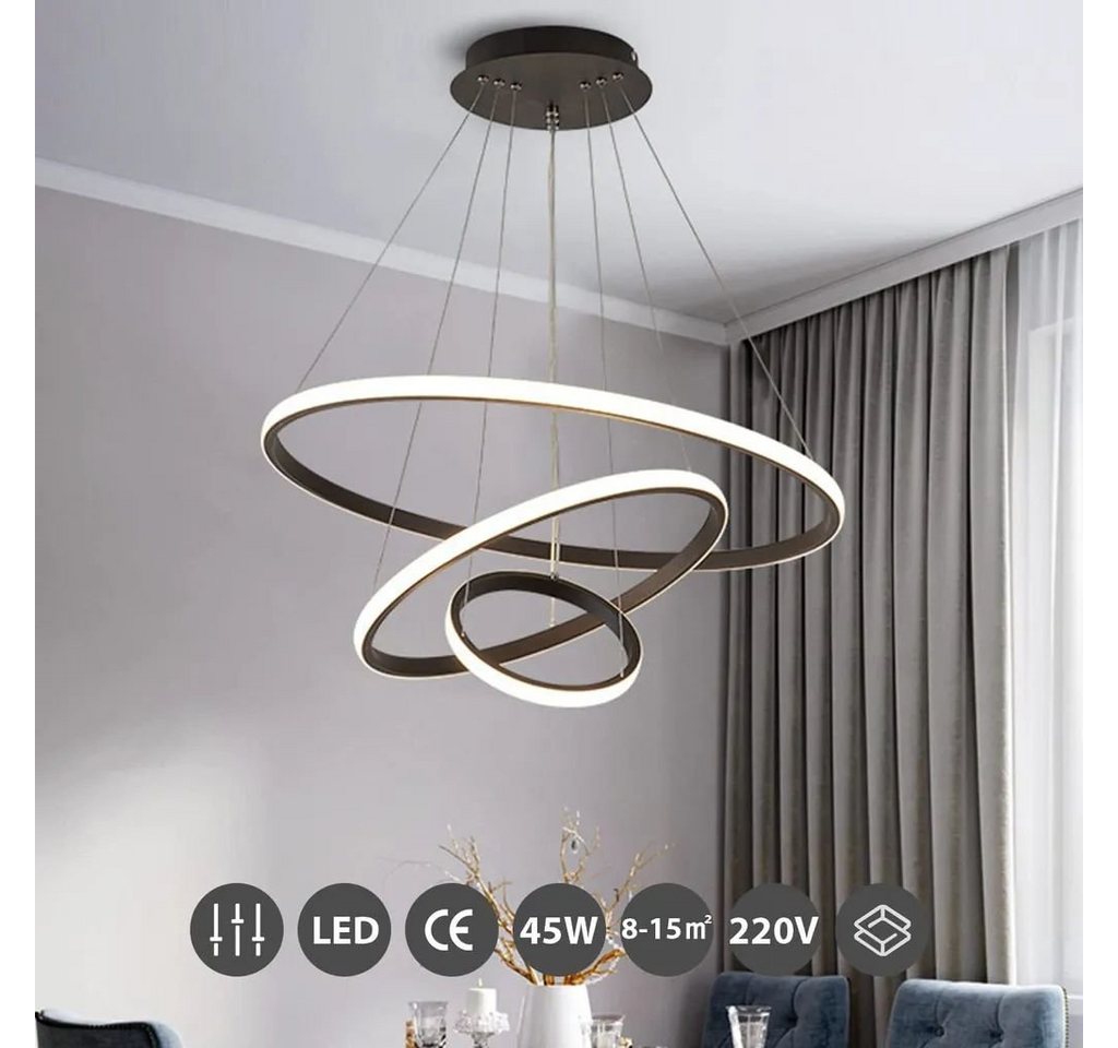 JDONG LED Pendelleuchte 3 Ringen Modern LED Hängelampe Schwarz 53*40*20cm, 54W Esstischlampe Dimmbar mit Fernbedienung, 3000K–6500K Höhenverstellbar 120cm, DIY Kronleuchter, Augenschonend Energiesparend für Esszimmer Wohnzimmer Büro Hotel Bild 5