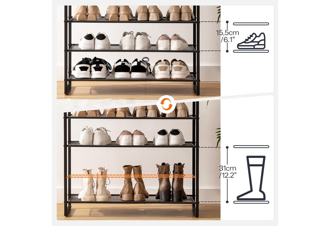 Hoobro Schuhregal 12-stöckiges Schuhablage, Schuhschrank hoch, Metallrahmen, Industriestil, für Flur, Wohnzimmer, Schlafzimmer