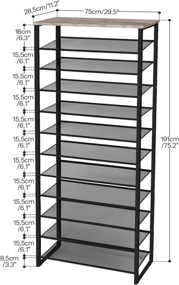 Hoobro Schuhregal 12-stöckiges Schuhablage, Schuhschrank hoch, Metallrahmen, Industriestil, für Flur, Wohnzimmer, Schlafzimmer Bild 2