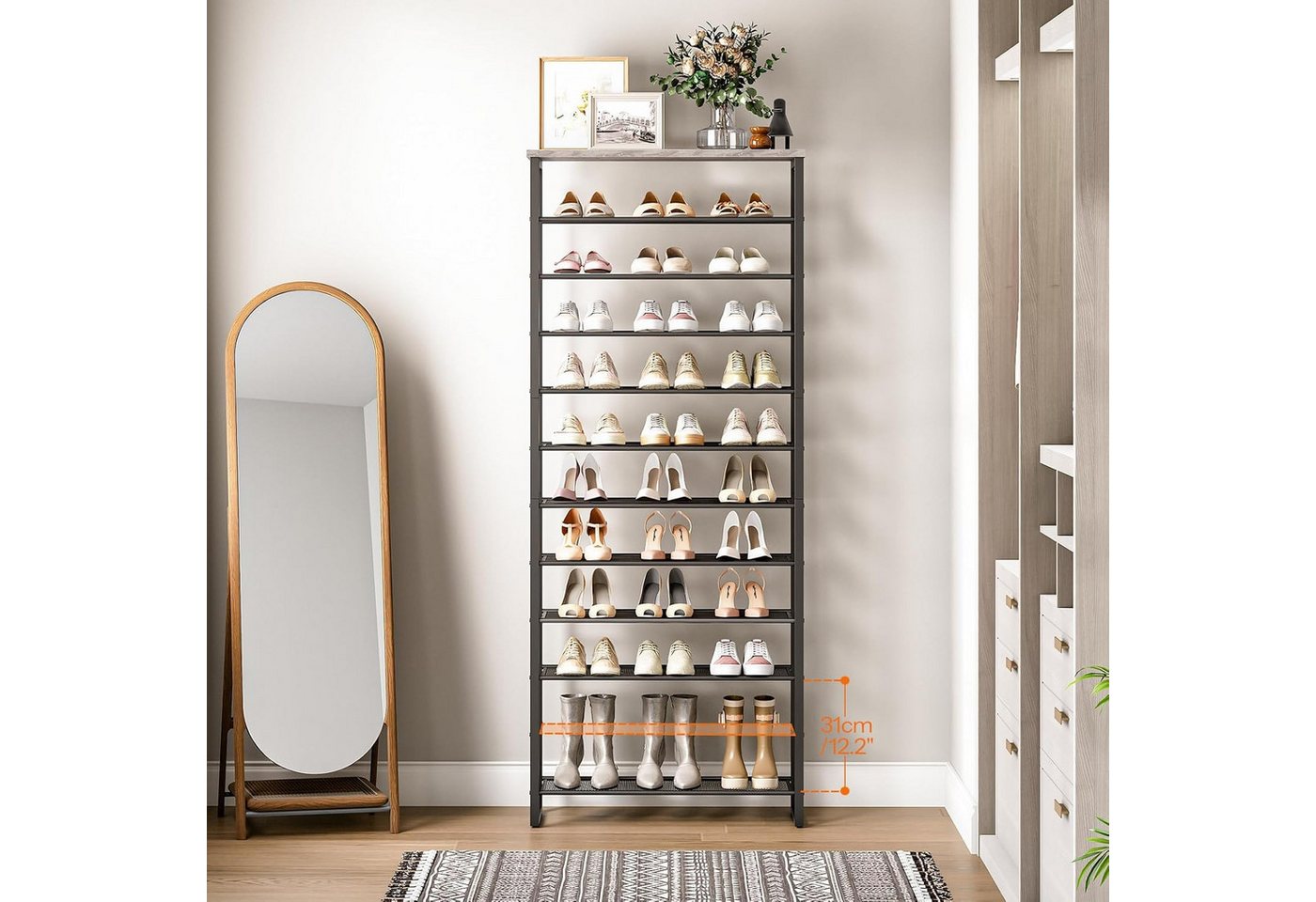 Hoobro Schuhregal 12-stöckiges Schuhablage, Schuhschrank hoch, Metallrahmen, Industriestil, für Flur, Wohnzimmer, Schlafzimmer Bild 3