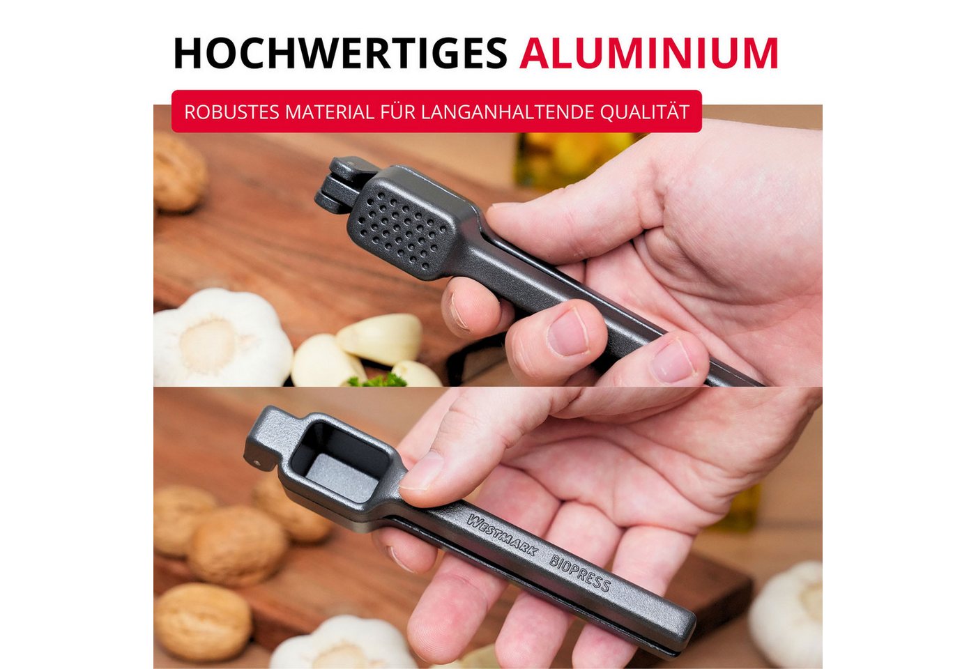WESTMARK Knoblauchpresse Biopress Black Edition – Ergonomische Knoblauchpresse – Extra-Griffige, Aluminium, spülmaschinengeeignet, Made in Germany