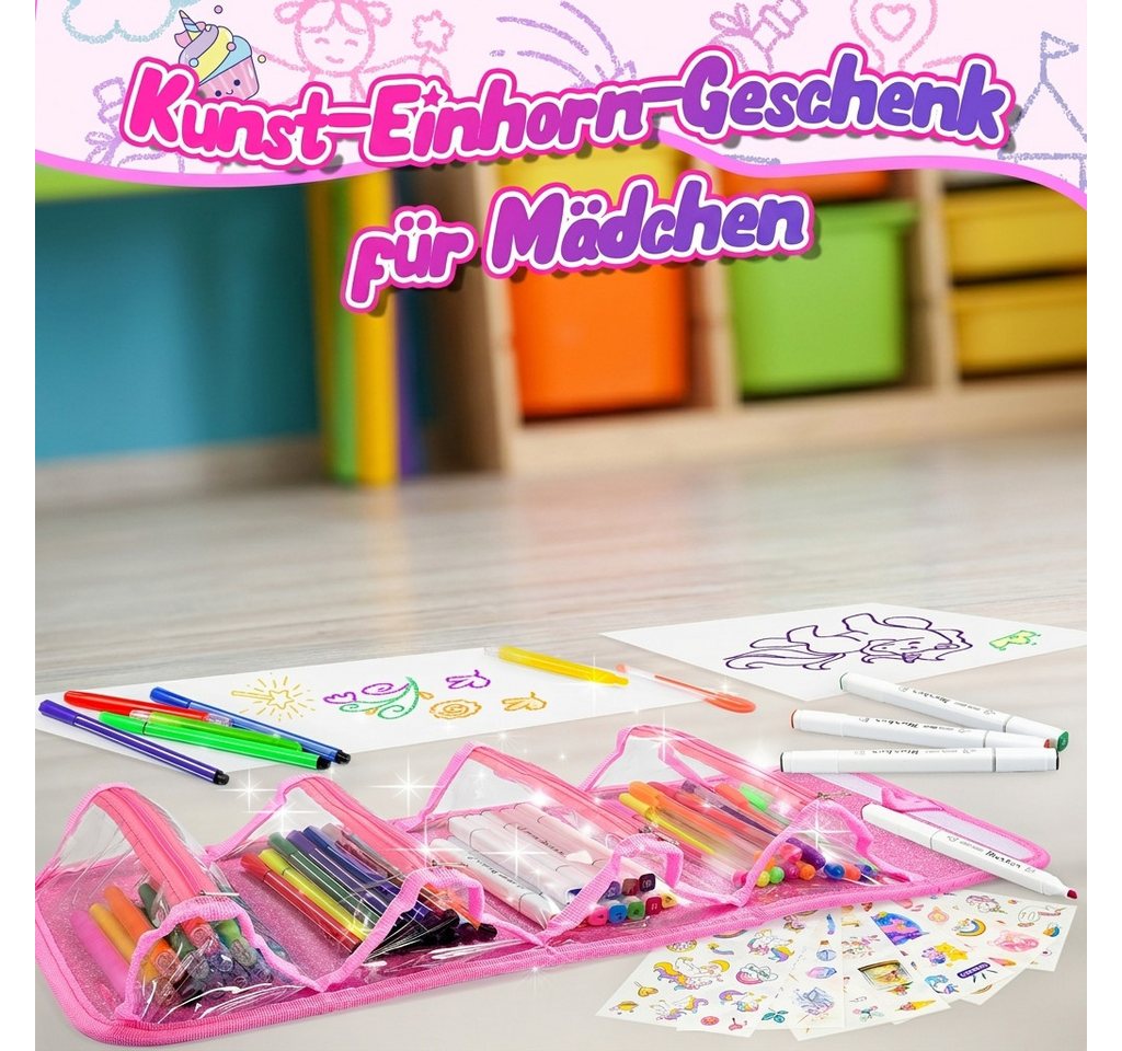 Wootoy Buntstift Einhorn Malset mit Federmäppchen 54-teiliges Kreativset Glitzerstiften, (Federmäppchen mit 4 Reißverschlussfächern und Tragegriff, 54-tlg., mit Filzstiften Wachsmalstiften Aquarellbuntstiften Einhorn-Stickern), attraktives Geschenk für kleine Künstler und Einhorn-Fans