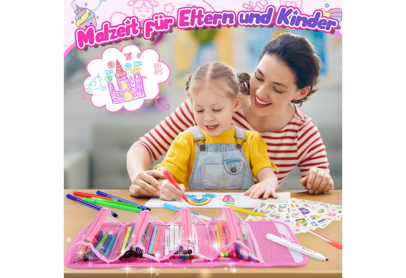 Wootoy Buntstift Einhorn Malset mit Federmäppchen 54-teiliges Kreativset Glitzerstiften, (Federmäppchen mit 4 Reißverschlussfächern und Tragegriff, 54-tlg., mit Filzstiften Wachsmalstiften Aquarellbuntstiften Einhorn-Stickern), attraktives Geschenk für kleine Künstler und Einhorn-Fans Bild 2