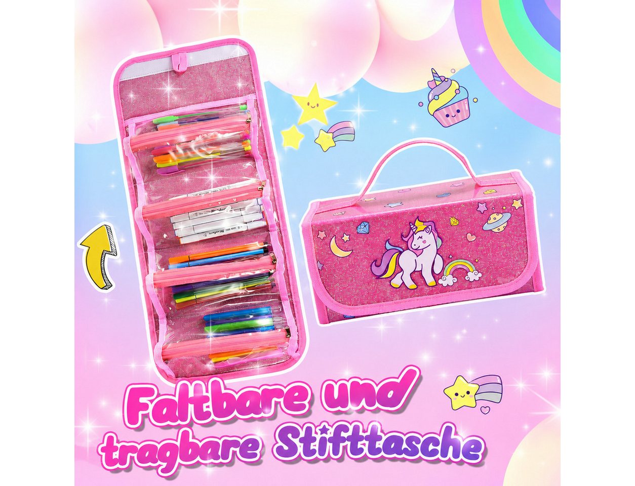 Wootoy Buntstift Einhorn Malset mit Federmäppchen 54-teiliges Kreativset Glitzerstiften, (Federmäppchen mit 4 Reißverschlussfächern und Tragegriff, 54-tlg., mit Filzstiften Wachsmalstiften Aquarellbuntstiften Einhorn-Stickern), attraktives Geschenk für kleine Künstler und Einhorn-Fans Bild 3