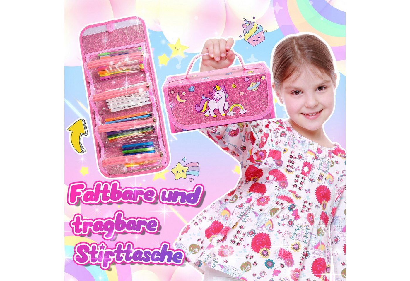 Wootoy Buntstift Einhorn Malset mit Federmäppchen 54-teiliges Kreativset Glitzerstiften, (Federmäppchen mit 4 Reißverschlussfächern und Tragegriff, 54-tlg., mit Filzstiften Wachsmalstiften Aquarellbuntstiften Einhorn-Stickern), attraktives Geschenk für kleine Künstler und Einhorn-Fans Bild 4