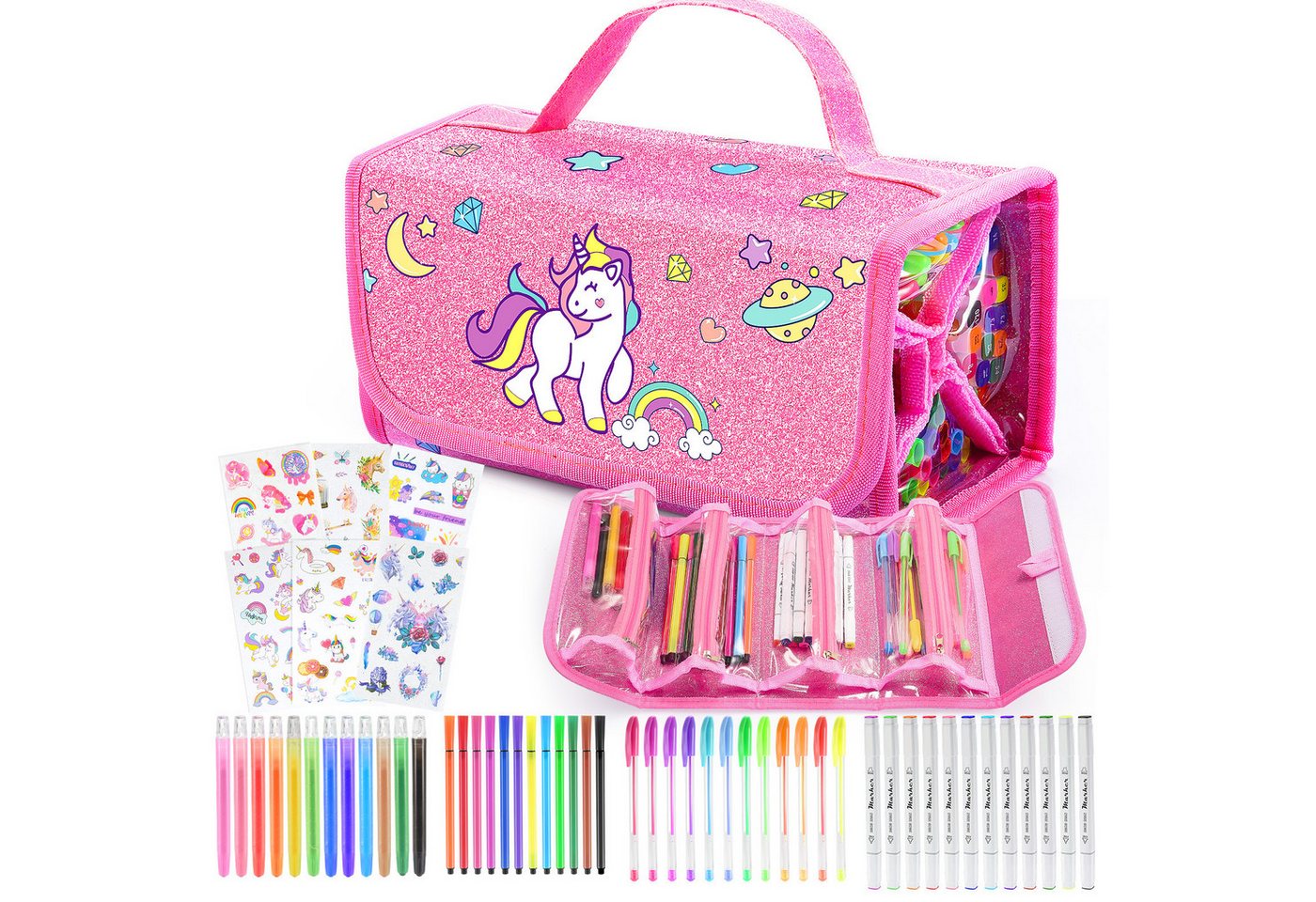 Wootoy Buntstift Einhorn Malset mit Federmäppchen 54-teiliges Kreativset Glitzerstiften, (Federmäppchen mit 4 Reißverschlussfächern und Tragegriff, 54-tlg., mit Filzstiften Wachsmalstiften Aquarellbuntstiften Einhorn-Stickern), attraktives Geschenk für kleine Künstler und Einhorn-Fans Bild 5
