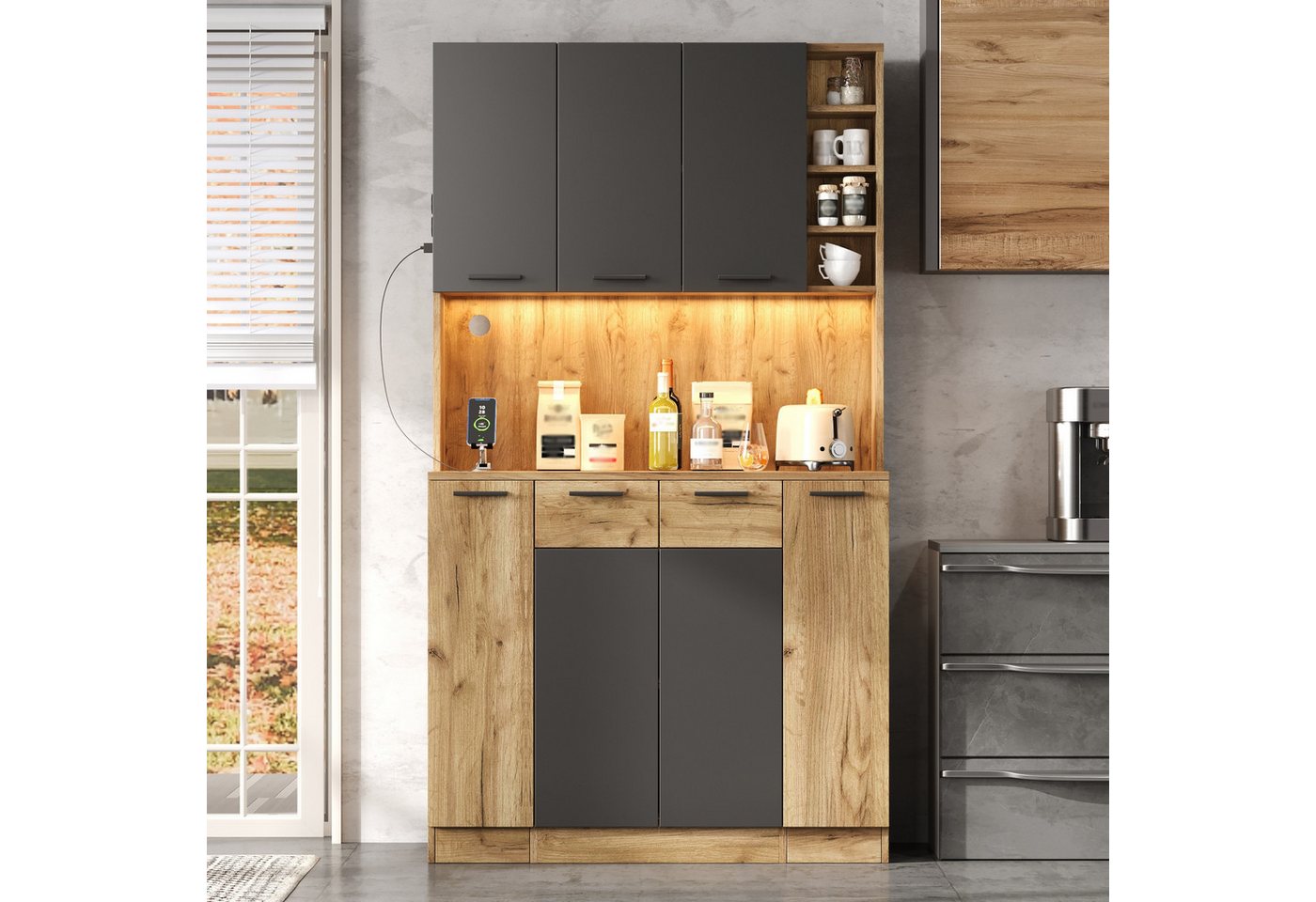 Flieks Küchenbuffet Hochschrank mit LED-Beleuchtung, Steckdose, 4-stöckiges Ausziehablagen (B100/T40/H180 cm, 1-St) Mehrzweckschrank Küchenschrank mit verstellbarer Ablagen Holzoptik