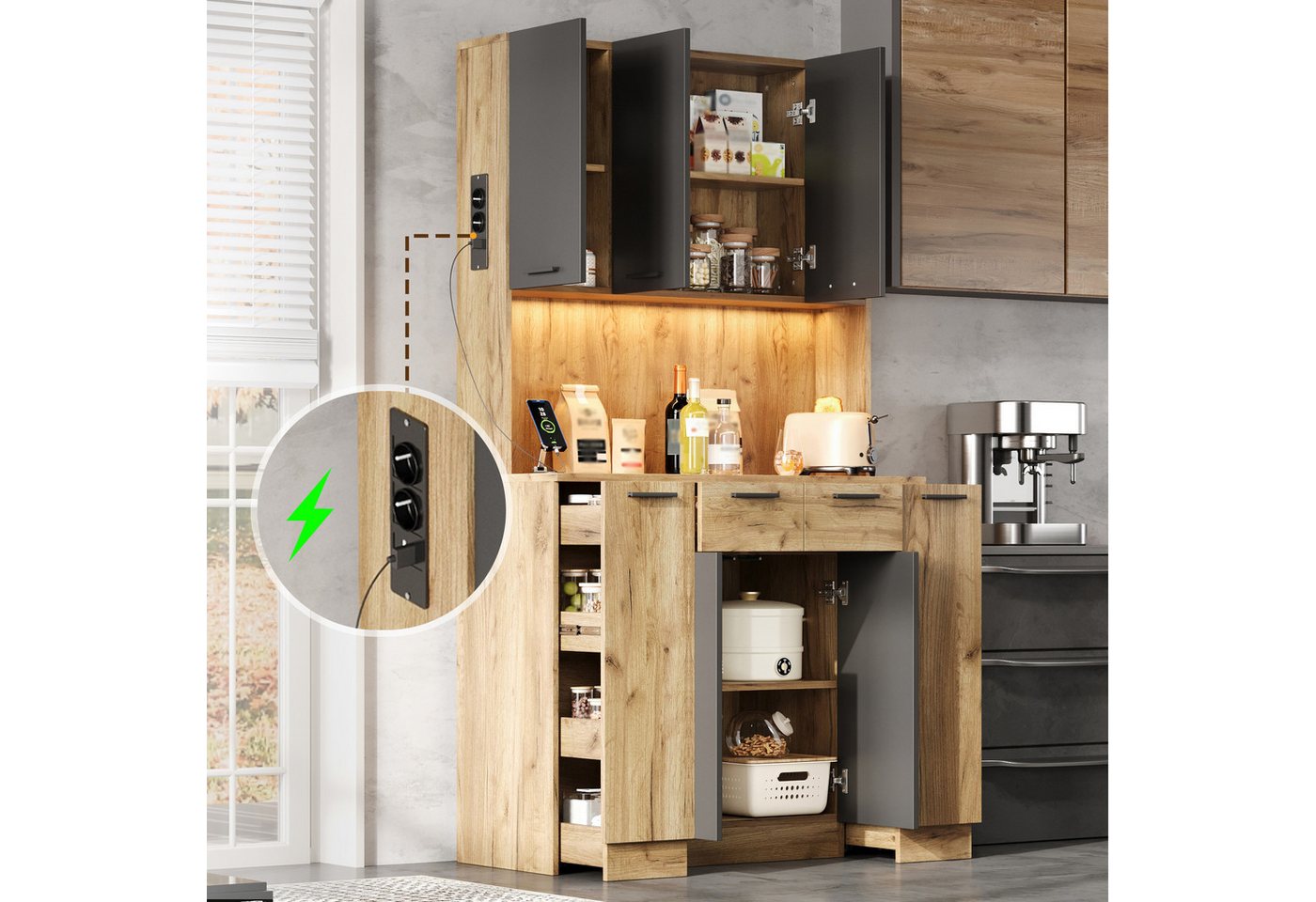 Flieks Küchenbuffet Hochschrank mit LED-Beleuchtung, Steckdose, 4-stöckiges Ausziehablagen (B100/T40/H180 cm, 1-St) Mehrzweckschrank Küchenschrank mit verstellbarer Ablagen Holzoptik Bild 2
