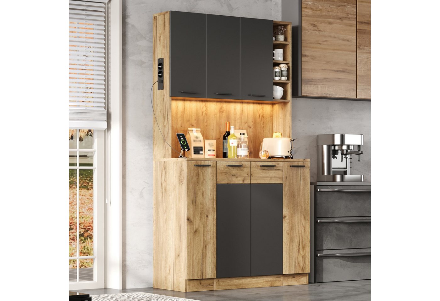 Flieks Küchenbuffet Hochschrank mit LED-Beleuchtung, Steckdose, 4-stöckiges Ausziehablagen (B100/T40/H180 cm, 1-St) Mehrzweckschrank Küchenschrank mit verstellbarer Ablagen Holzoptik Bild 3
