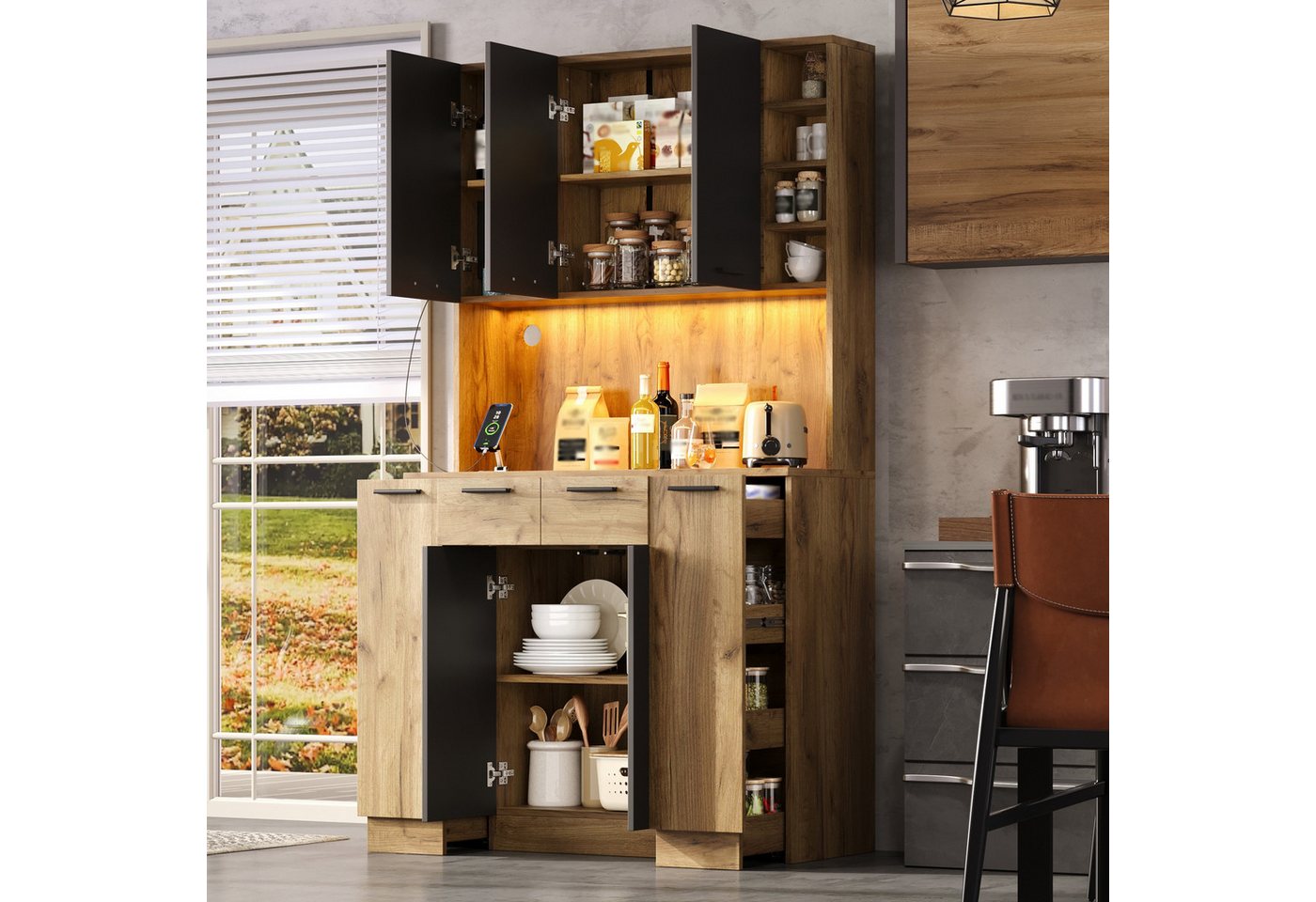 Flieks Küchenbuffet Hochschrank mit LED-Beleuchtung, Steckdose, 4-stöckiges Ausziehablagen (B100/T40/H180 cm, 1-St) Mehrzweckschrank Küchenschrank mit verstellbarer Ablagen Holzoptik Bild 4