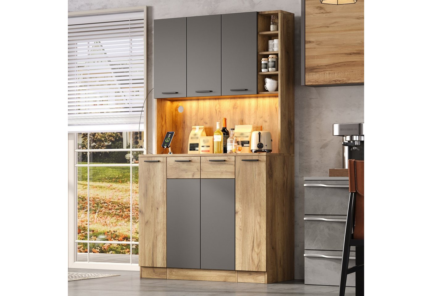 Flieks Küchenbuffet Hochschrank mit LED-Beleuchtung, Steckdose, 4-stöckiges Ausziehablagen (B100/T40/H180 cm, 1-St) Mehrzweckschrank Küchenschrank mit verstellbarer Ablagen Holzoptik Bild 5