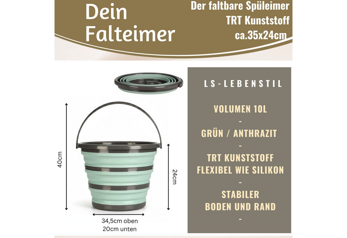 LS-LebenStil Falteimer Flexibler Falteimer Putzeimer 10L Eimer 35x24cm faltbar mit Griff, (TRT Kunststoff ähnlich Silikon Campingeimer, 1-tlg., Silikoneimer Wassereimer Camping Angeleimer), Henkel klappbar - stabiler Boden Bild 4