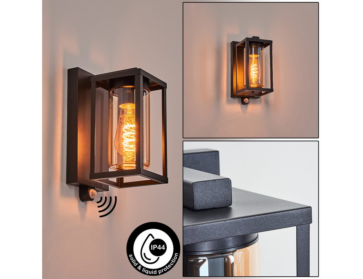 hofstein Außen-Wandleuchte Außenleuchte mit Bewegungsmelder aus Metall/Glas in Schwarz, ohne Leuchtmittel, Wechselglas in Klar, Wandlampe, 1x E27, ohne Leuchtmittel, IP44 Bild 3