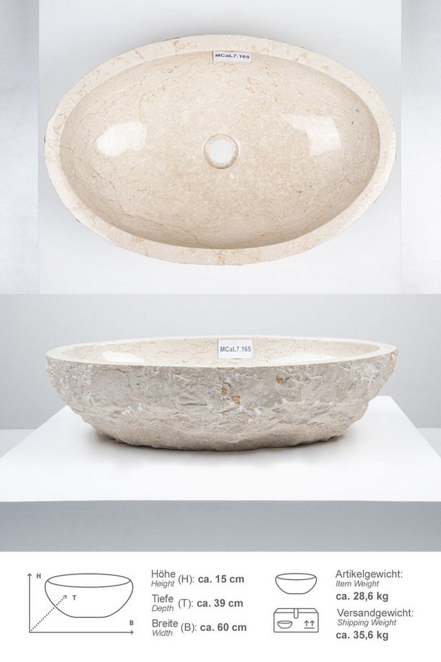wohnfreuden Aufsatzwaschbecken Erosi Marmor Waschbecken 60 cm creme (Kein Set), 102276_MCaL7.165