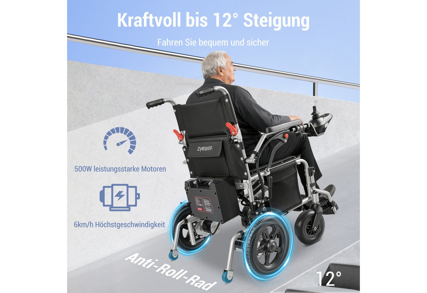 Vankel Elektrorollstuhl klappbar leicht elektr. Rollstuhl 500W, max.24 km max.150 kg, mit 360°-Joystick, 12° Steigfähigkeit & Anti-Kipp-Rädern Bild 4