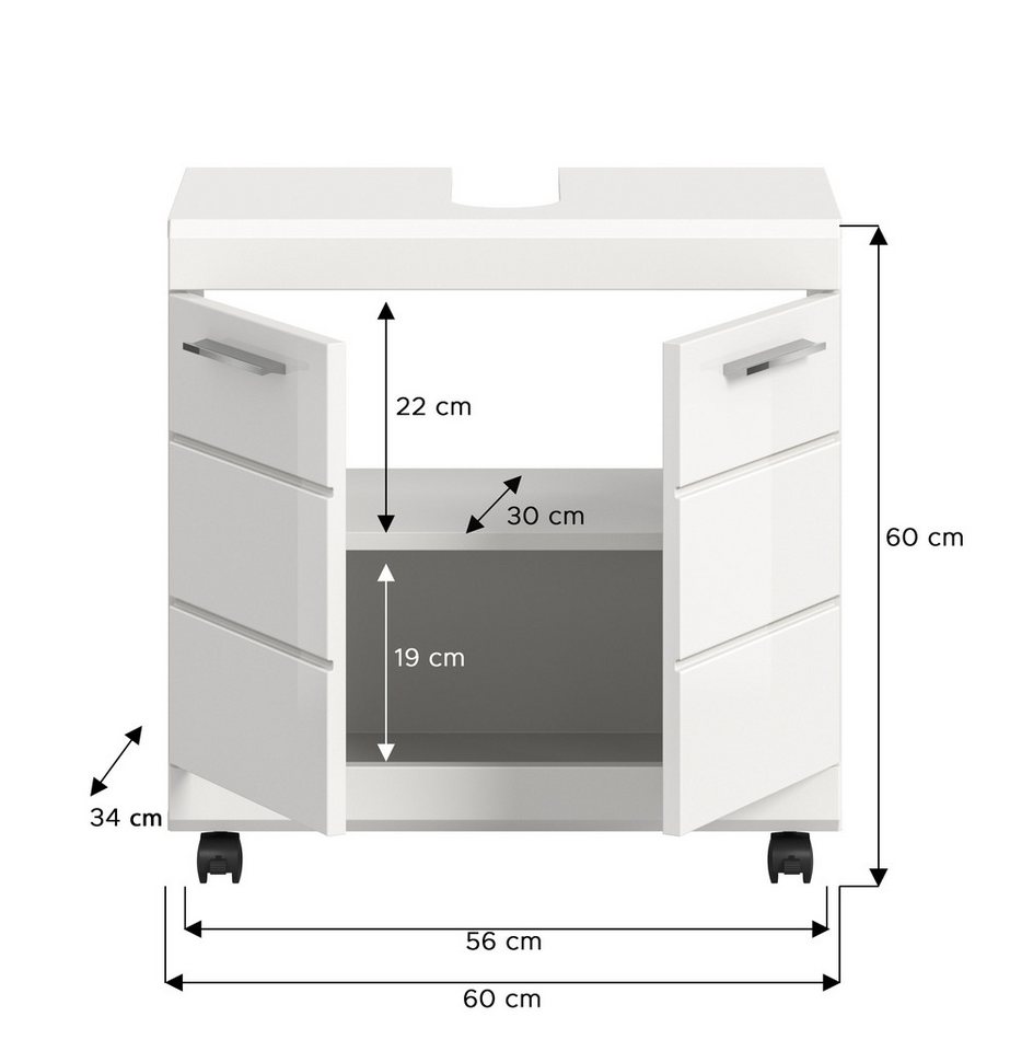 furnling Waschbeckenunterschrank auf Rollen - Scott mit Siphon-Ausschnitt und pflegeleichter Hochglanz-Front, Breite 60 cm Bild 5