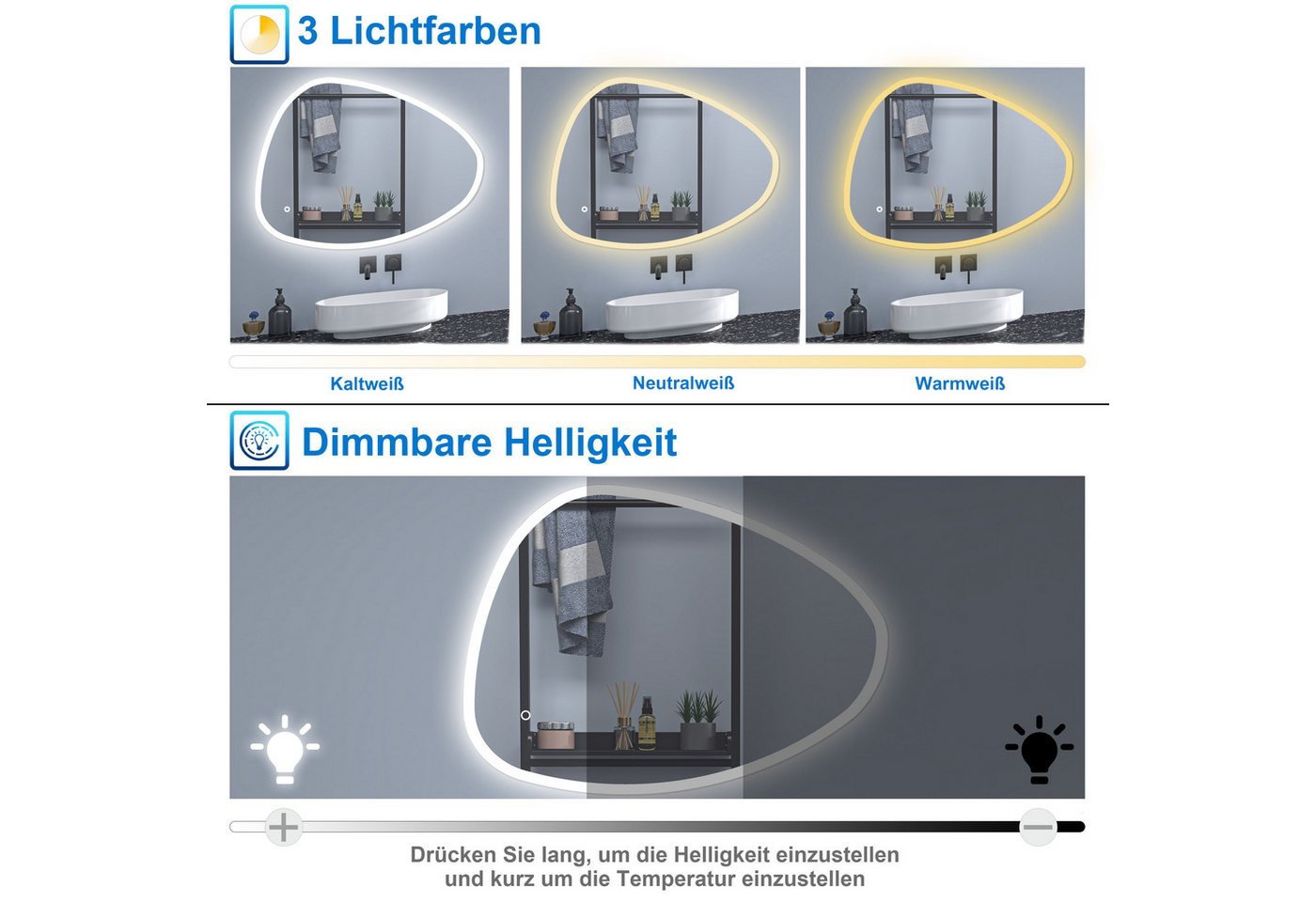 Aica Sanitär Badspiegel Asymmetrischer Badspiegel Badezimmerspiegel mit Antibeschlag Dimmbar Bild 4