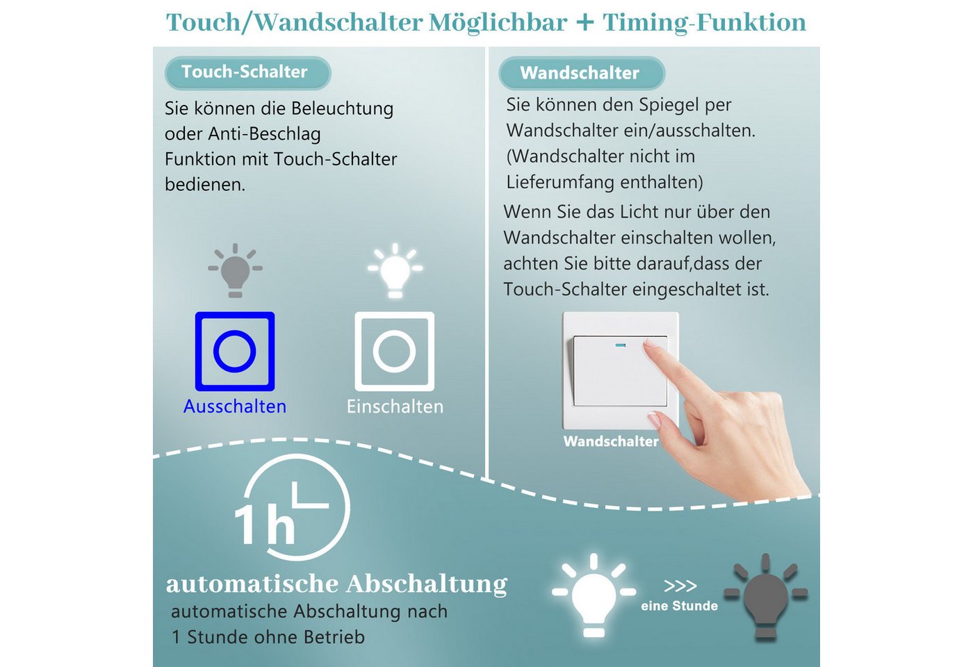 Aica Sanitär Badspiegel Asymmetrischer Badspiegel Badezimmerspiegel mit Antibeschlag Dimmbar Bild 5