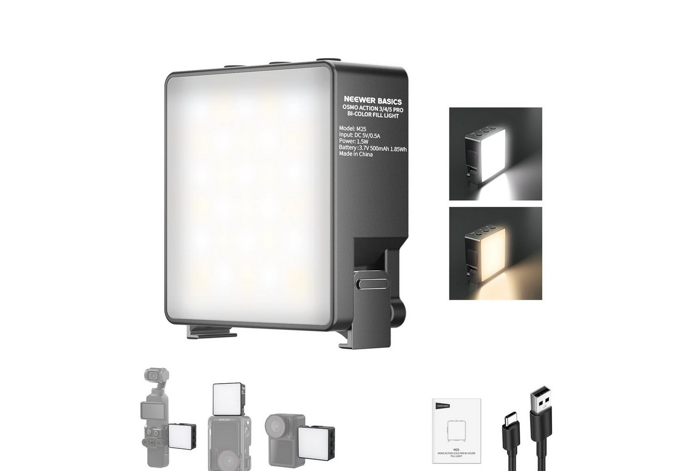 Neewer Videoleuchte M25 Zweifarbiges magnetisches LED Videolicht, 1,5W Fülllicht Aufsatz, für DJI OSMO NANO ACTION 3 4 5 Pro Cage AC009 PRO Pocket 3
